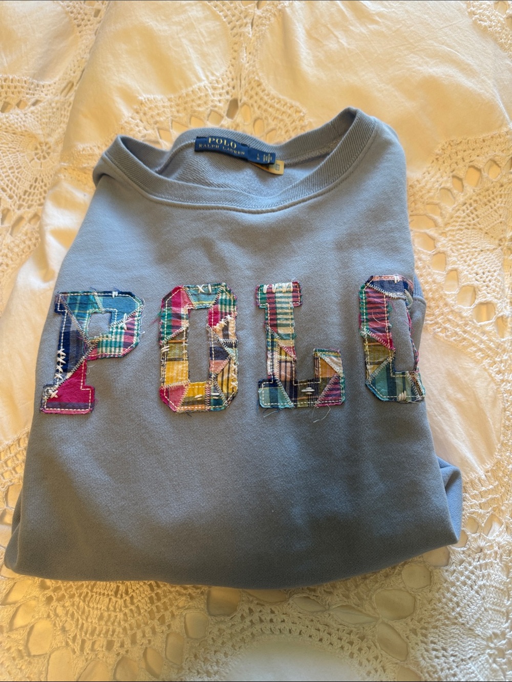 Polo by Ralph Lauren Dusty Blue Crewneck Sweatshirt with Plaid Appliqué - Picture 4 of 4
